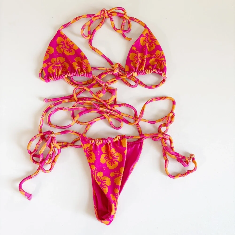Frankie's Bikinis Women Tatum Terry Hibiscus Honey Floral Wrap Bikini Set Size M
